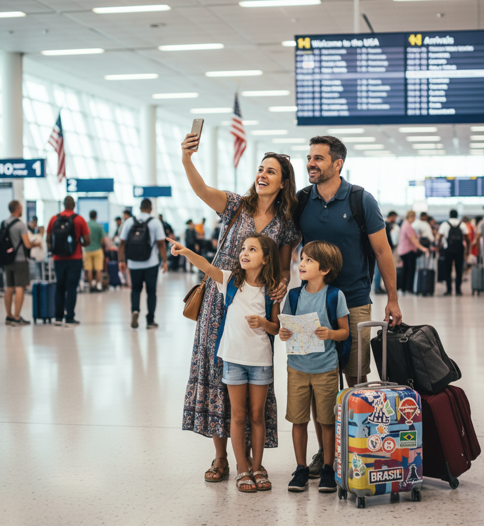 Família feliz em viagem, simbolizando o turista brasileiro nos EUA